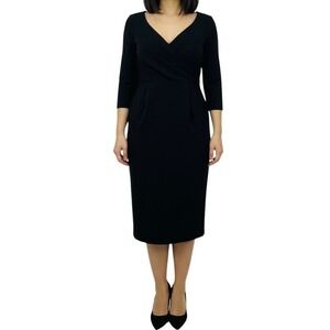 Nine West Black Surplice V-Neck Sheath Formal Dress 3/4 Sleeve Midi Size 8